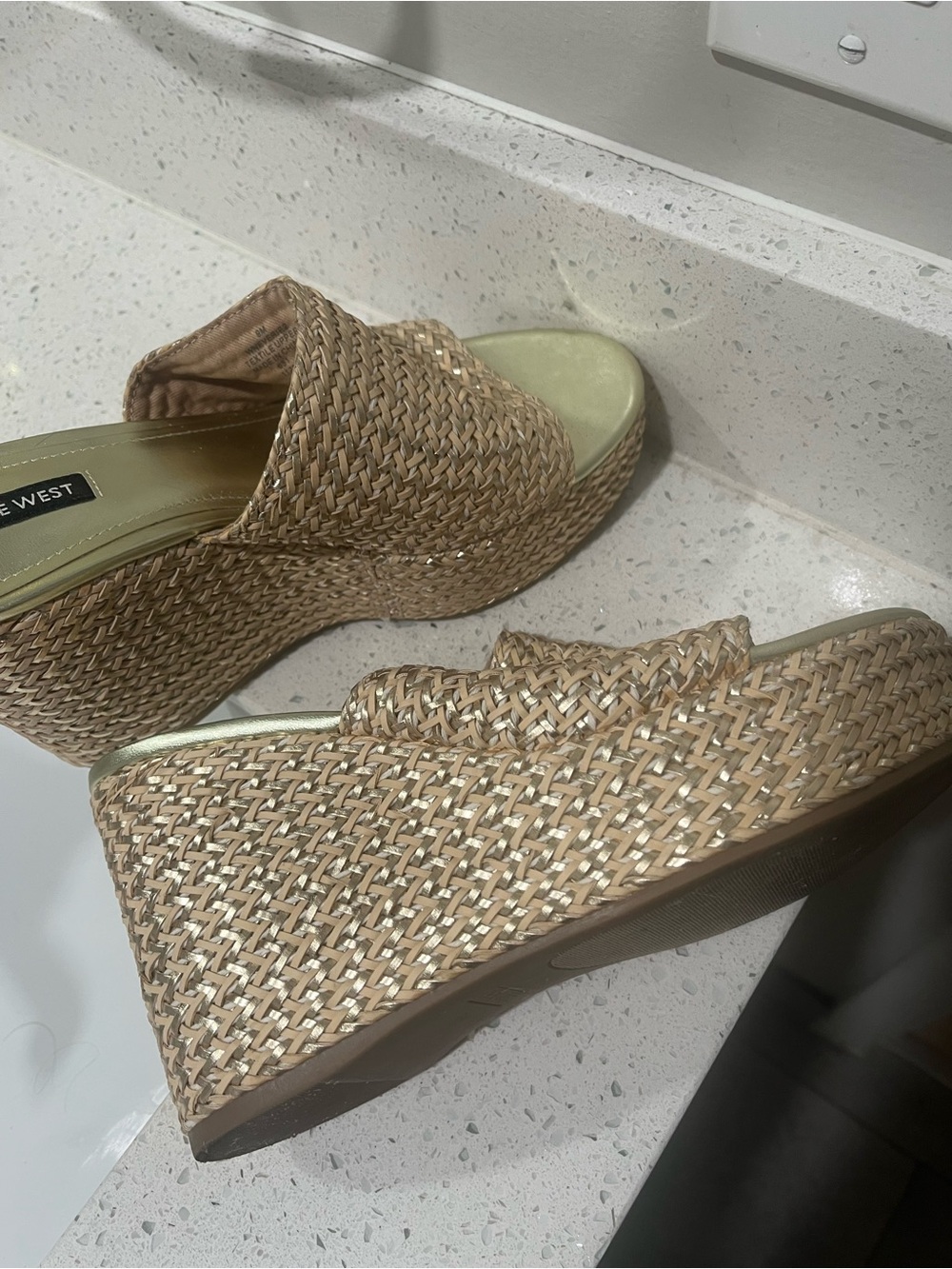 Nine West Gold Woven Platform Slide Sandals